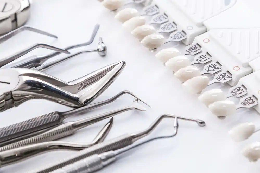 Different dental tools and teeth samples