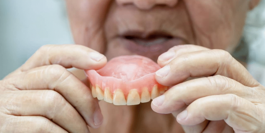 Toothless woman holding denture and struggling with discomfort